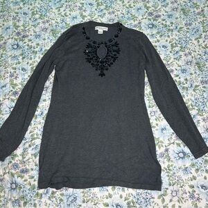 Gray Embellished Vintage Long Sleeve Women's Top